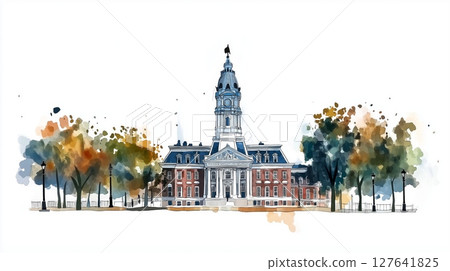 Independence Hall. Independence Hall hand drawn watercolor illustration 127641825