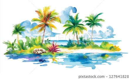 Isla Mujeres. Isla Mujeres hand drawn watercolor illustration Isla Mujeres. Isla Mujeres hand drawn watercolor illustration 127641828