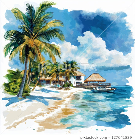 Isla Mujeres. Isla Mujeres hand drawn watercolor illustration 127641829