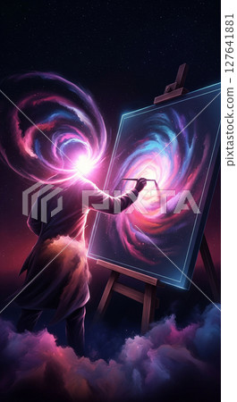 A galactic artist paints a vibrant nebula onto canvas, symbolizing the limitless creativity of generative AI. 127641881
