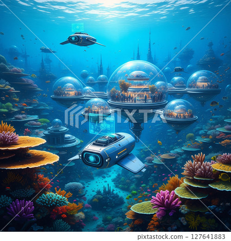 A futuristic underwater city populated by AI-controlled submarines, where vibrant coral reef ecosystems and glass dome architecture blend seamlessly together. 127641883