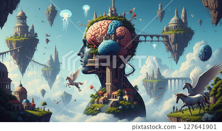 這是一個超現實的景觀，人類的大腦是幻想世界的中心，裡面有漂浮的島嶼和神話中的生物。 127641901