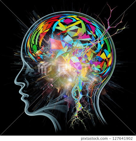 人體輪廓的大腦由彩色幾何圖案和發光的神經元組成，象徵著人工智慧、創造力和思想的爆炸。 127641902
