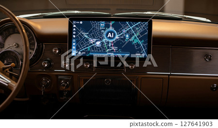 經典汽車儀錶板與最新AI導航觸控螢幕融合,復古與未來科技交相輝映 經典汽車儀錶板與最新AI導航觸控螢幕融合,復古與未來科技交相輝映 127641903