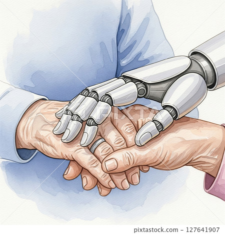 A watercolor painting of an AI care robot gently holding the hand of an elderly person. Symbolizing empathy, support, and connection in senior care. 127641907