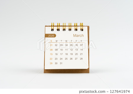 March 2026 Mini desk calendar on white background. 127641974