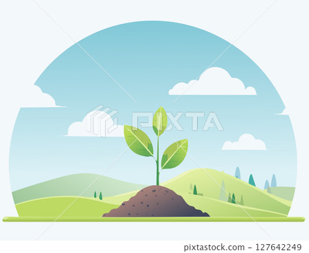 A young plant growing from soil in a calm open field, surrounded by soft hills and clouds, minimal flat design with large copy space. 127642249