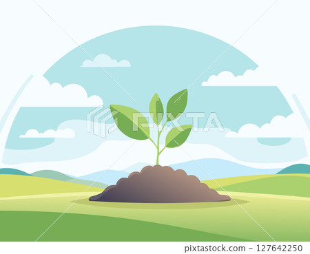 Sprout emerging from the ground in a dreamy landscape with pastel tones and soft curves, abstract scenery and bright background. 127642250
