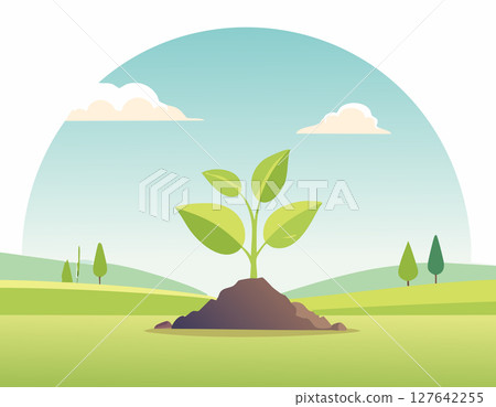 Eco-friendly themed design of a young sprout on green land with simplified nature around, clean layout with space to the top. 127642255