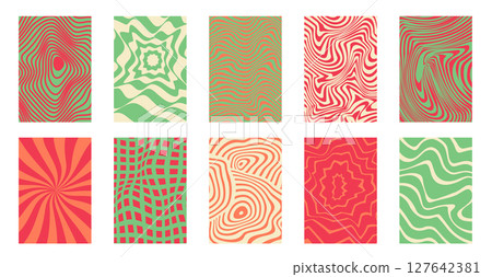 Retro Trippy Poster Backgrounds. Editable Swirl Templates for Text with Liquify Effect and Wavy Designs in green and red colors, geometric patterns 127642381