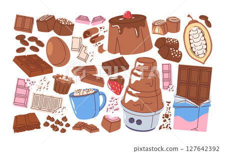 World chocolate day hand drawn design elements set with different delicious sweet food and drinks World chocolate day hand drawn design elements set with different delicious sweet food and drinks 127642392