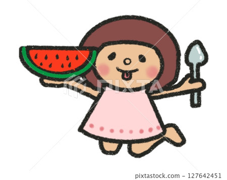 穿著夏裝的女孩用湯匙優雅地吃西瓜 127642451