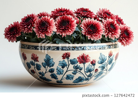 Gardening concept. Chrysanthemums bush with fleshy leaves and red flowers. Gardening concept. Chrysanthemums bush with fleshy leaves and red flowers. 127642472