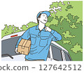 Delivery staff carrying packages in front of a light van 127642512