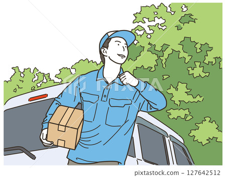 Delivery staff carrying packages in front of a light van 127642512