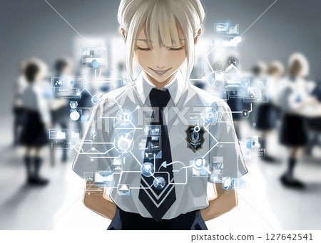 Future education - Illustration of a high school girl manipulating a hologram 127642541