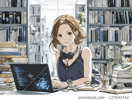 女大學生跟隨AI導師學習的插畫素材 127642542