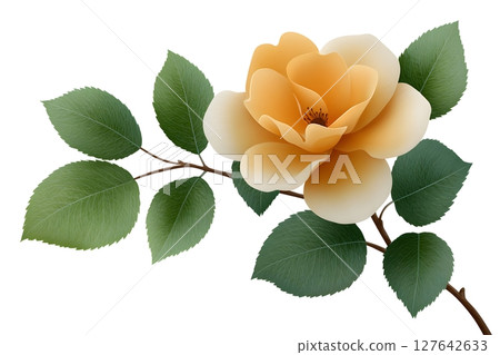 A realistic illustration of a yellow rose with vibrant green leaves on a white background. Perfect for floral designs, botanical art, wedding decorations, and greeting cards. 127642633