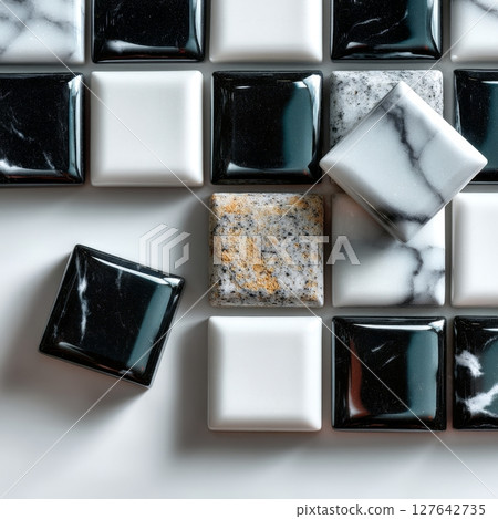 Glossy black and white marble tiles in checkerboard arrangement 127642735