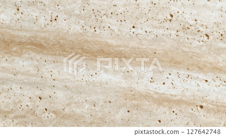Classic travertine surface in soft beige with distinctive pores and grain 127642748
