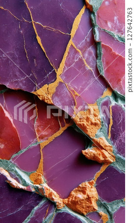 Semiprecious marble with intersecting purple, red and orange minerals 127642763
