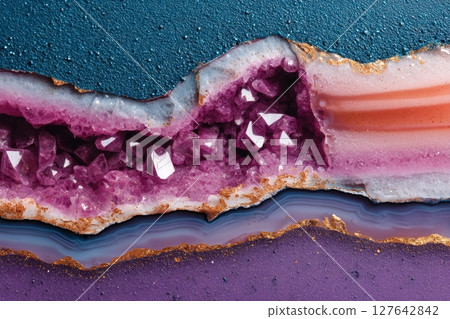 High resolution macro top-down view of semiprecious slab showing texture, geological layers, and detailed surface structure 127642842
