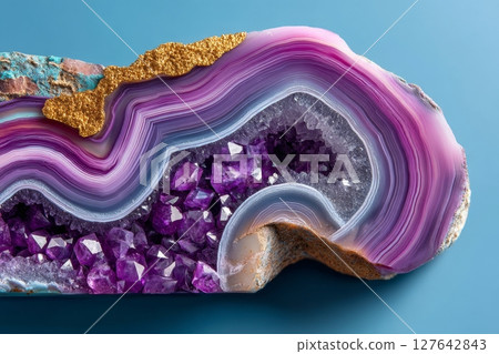 High resolution macro top-down view of semiprecious slab showing texture, geological layers, and detailed surface structure 127642843