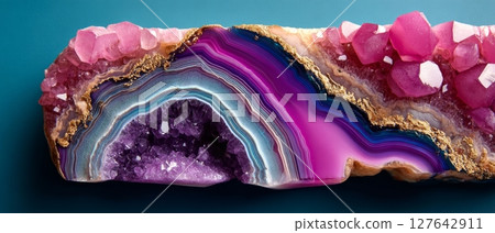 High resolution macro top-down view of semiprecious slab showing texture, geological layers, and detailed surface structure 127642911