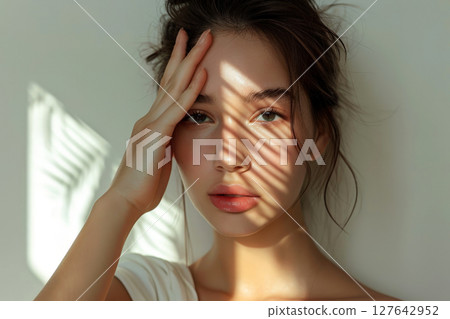 Portrait of a cheerful young woman with freckles in sunlight - Ai generated 127642952