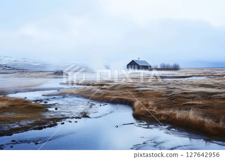 a hot thermal pool filled with hot spring water at an Icelandic geothermal spa for wellness for Young woman relaxing . Generative AI 127642956