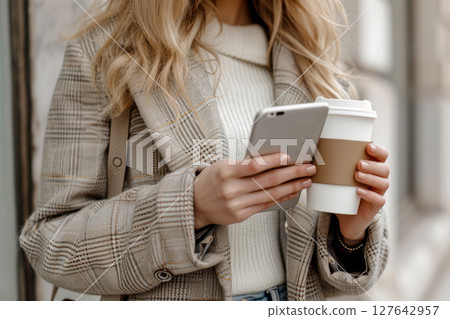 Businesswoman using smartphone and holding a cup of coffee standing at city background , AI generated. 127642957