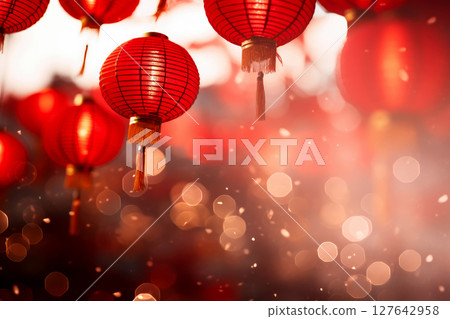 Chinese new year in china town. red lanterns bokeh background . AI generated. 127642958