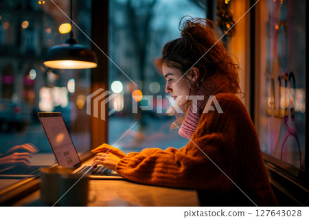 A blogger typing on her laptop in coffee space cafe. Ai generative 127643028