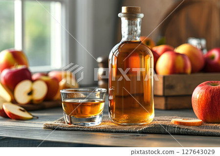 Apple cider vinegar in bottle and apples - AI Generated 127643029