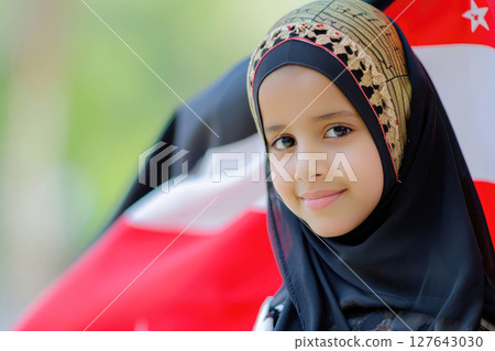 a Arab girl in Yemen flag background. AI generative 127643030