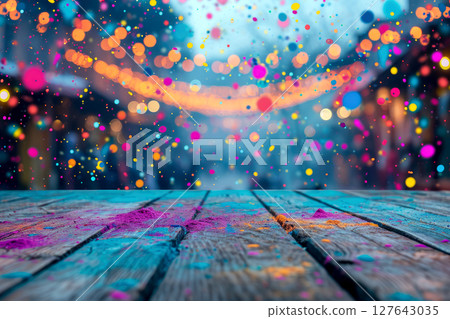 Colorful Holi powders on a top table with bokeh lights for mockup , AI generative 127643035