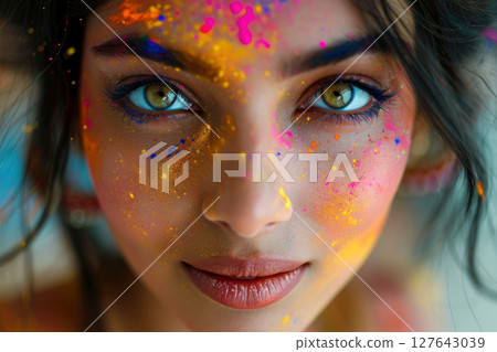 Holi festival, portrait of a young woman in colorful powder explosion. Generative AI. 127643039