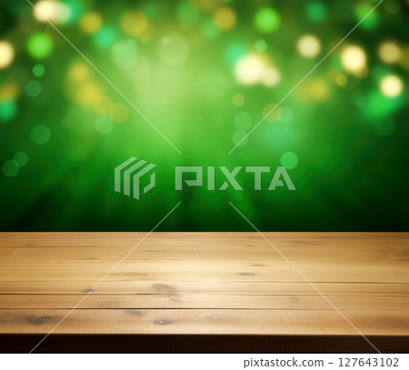 St. Patrick's Day concept. Image of wooden table in front of abstract blurred background of Bar lights. Generative Ai. 127643102