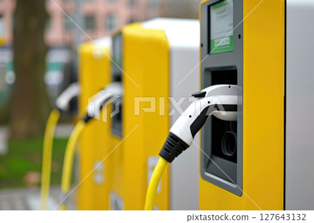 EV fast electric vehicle chargers station in park city, Generative AI 127643132