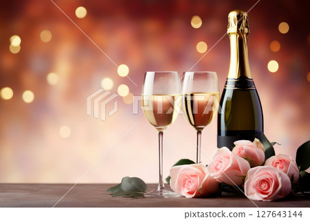 valentine day celebration with champagne, bokeh background. Generative AI valentine day celebration with champagne, bokeh background. Generative AI 127643144