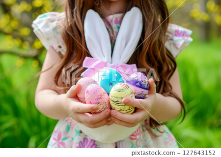 Landscape with a girl hold Easter eggs, Easter egg hunt. Generative AI Landscape with a girl hold Easter eggs, Easter egg hunt. Generative AI 127643152