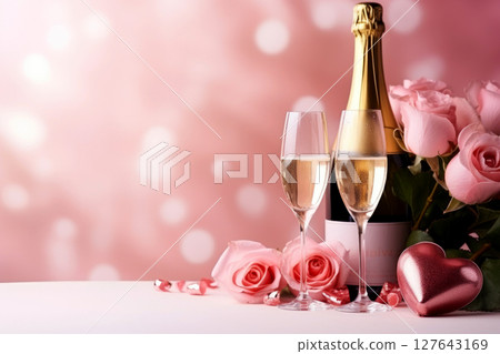 valentine day celebration with champagne, bokeh background. Generative AI valentine day celebration with champagne, bokeh background. Generative AI 127643169