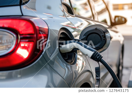 Electric Vehicle Charging Station Plugged into Car: Clean Energy for a Sustainable Future, Generative AI 127643175