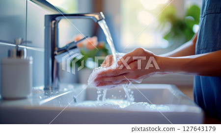Close up shot of hands washing in the sink. Generative AI 127643179
