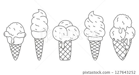 Set of creamy ice cream in waffle cone doodle sketch style set Set of creamy ice cream in waffle cone doodle sketch style set 127643252