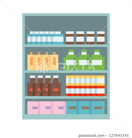 Retail shelf with products in packs, bottles, 8-bit gaming interface. Retail shelf with products in packs, bottles, 8-bit gaming interface. 127643345