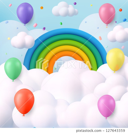 3d Rainbow and balloons in cartoon cloudy sky 3d Rainbow and balloons in cartoon cloudy sky 127643359