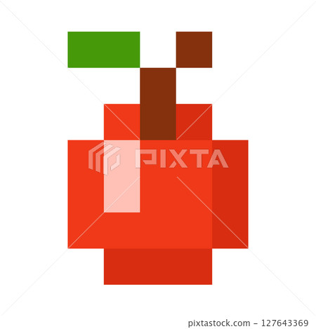 8 bit red apple icon with leaf, pixel retro style for game interface. 127643369