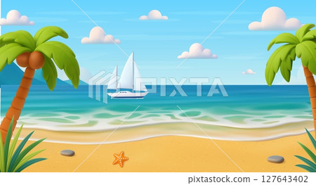 3d Cartoon tropical beach with sailing boat 127643402