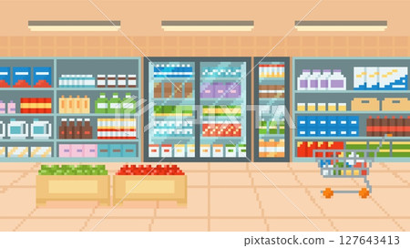 Shop supermarket interior, shelves with products packages, shopping cart pixel art vector illustration, food assortment 127643413